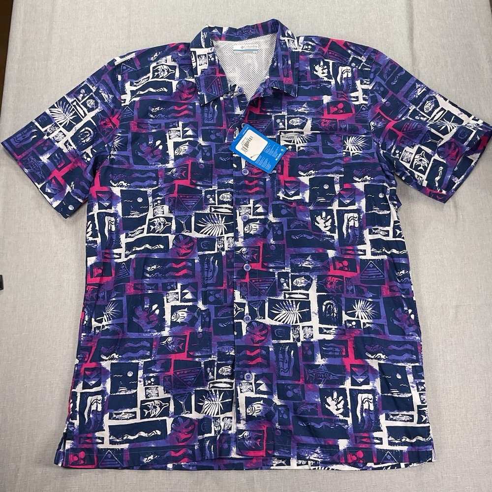 Columbia Men's Short Sleeve Purple, White and Pink Hawaiian Style Size M
